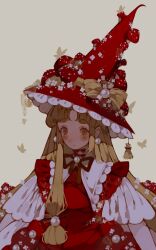  1girl black_bow black_bowtie blonde_hair blush_stickers bow bowtie brown_eyes bug butterfly butterfly_on_hat collared_dress dress dress_flower earrings elbow_sleeve flower frilled_dress frilled_dress_collar frilled_hat frilled_sleeves frills gem hair_flower hair_ornament hat hat_flower highres jewelry layered_dress littlebluemuffin long_hair mushroom original parted_bangs pearl pearl_earrings pearl_hair_ornament puritan_collar red_dress red_hat straw_(stalk) very_long_hair white_flower wide_sleeves witch_hat 