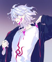  blood colored_blood danganronpa_(series) danganronpa_2:_goodbye_despair green_eyes highres hood hoodie komaeda_nagito looking_to_the_side mao_(expuella) open_clothes open_hoodie pink_blood profile smile white_hair 