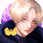  1girl apex_legends bangs blonde_hair blue_bodysuit blue_eyes bodysuit emoji head_tilt highres hood hooded_jacket jacket lichtenberg_figure light_smile looking_at_viewer parted_bangs portrait ribbed_bodysuit scar scar_on_cheek scar_on_face short_hair solo tama_(ponz3o1) wattson_(apex_legends) 