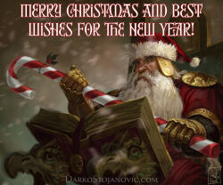  1boy armor artist_name beard belt candy candy_cane chainmail christmas_card commentary darkos_art dated english_commentary english_text facial_hair food gauntlets hat helmet highres holding holding_candy holding_candy_cane holding_food mustache pauldrons santa_hat shoulder_armor snowing solo thorgrim_grudgebearer upper_body 
