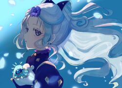  1girl blue_flower blue_gem blue_hair flower gem hair_flower hair_ornament heart-shaped_gem highres long_hair magical_girl mahou_shoujo_ikusei_keikaku mahou_shoujo_ikusei_keikaku_restart malu_661 multicolored_hair old_blue open_mouth petals violet_eyes white_hair 