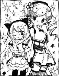 2girls absurdres bow capelet dress drill_hair fingerless_gloves fur_trim gloves hair_ornament hat highres iyasuto_dsi long_hair magical_girl mahou_shoujo_madoka_magica mahou_shoujo_madoka_magica:_walpurgis_no_kaiten momoe_nagisa momoe_nagisa_(magical_girl) multiple_girls pantyhose skirt smile tomoe_mami tomoe_mami_(magical_girl) twin_drills twintails two_side_up white_hair