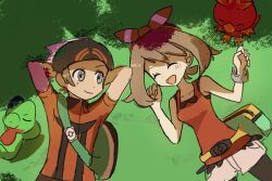  1boy 1girl :d arms_behind_head backpack bag beanie bow_hairband bracelet brendan_(pokemon) brown_hair closed_eyes closed_mouth collarbone commentary_request ddakji_0025 fanny_pack grass grey_eyes hairband hands_up hat highres jewelry korean_commentary light_blush may_(pokemon) medium_hair open_mouth pokemon pokemon_(creature) pokemon_omega_ruby_and_alpha_sapphire red_shirt shadow shirt short_sleeves shorts sleeveless sleeveless_shirt smile torchic treecko white_shorts 