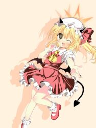  1girl ankle_socks ascot black_tail black_wings blonde_hair blue_archive blush chibuny1 flandre_scarlet full_body halo hat hat_ribbon highres ibuki_(blue_archive) looking_at_viewer low_wings open_mouth puffy_short_sleeves puffy_sleeves ribbon shadow shoes short_sleeves simple_background skirt smile socks solo touhou wings yellow_eyes yellow_halo 