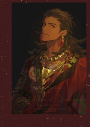  1boy artist_name bracelet commentary_request dark-skinned_male dark_skin earrings english_text fire_emblem fire_emblem:_fortune's_weave gold_necklace green_hair highres jewelry lee999nine messy_hair mixed-language_text multiple_bracelets multiple_necklaces necklace open_mouth red_eyes red_toga talimun_(fire_emblem) toga watermark writing 