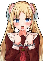  1girl :d absurdres blonde_hair blush clenched_hands commentary cuffed curtained_hair dress fang flower gradient_hair hair_flower hair_ornament hasu_no_sora_school_uniform highres hisho_(rythm_hisho) long_hair long_sleeves looking_at_viewer love_live! love_live!_hasu_no_sora_jogakuin_school_idol_club multicolored_hair neckerchief nervous_smile open_mouth osawa_rurino pink_flower red_dress red_neckerchief sailor_collar sailor_dress school_uniform simple_background smile solo sweatdrop twintails untranslatable_commentary virtual_youtuber white_background white_sailor_collar winter_uniform 