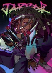  1boy absurdres black_pants bracelet character_name claw_(weapon) commentary from_above gachiakuta highres jabber_wonger jewelry long_hair looking_at_viewer multiple_rings on_ground pants purple_shirt red_eyes ring shirt shoes sitting thatlazybones weapon white_shoes 