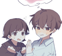  1boy 1girl @_@ black_hair blush commentary_request hair_ornament highres himekawa_koyuki kishibe_souta mahou_shoujo_ikusei_keikaku mahou_shoujo_ikusei_keikaku_unmarked open_mouth rfo_2011 school_uniform short_hair sweatdrop white_background 