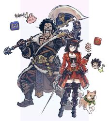  1girl 3boys afro akuto013 animal animal_ears armor ascot axe belt belt_buckle black_boots black_bow black_bowtie black_coat black_gloves black_hair blue_eyes blunt_bangs blunt_ends boots bow bowtie buckle cat_ears cat_girl chainmail chest_hair choker clenched_teeth coat colored_skin commentary commentary_request crossover dog dragon_ball dragon_ball_super english_commentary facial_hair facial_mark fat_buu father_and_child father_and_daughter final_fantasy final_fantasy_xiv fingerless_gloves fur-trimmed_coat fur_trim gem gloves gold_belt gold_trim grin hairband hand_up highres holding holding_axe holding_sword holding_weapon job_icon_(final_fantasy) kemonomimi_mode lapels looking_at_viewer looking_to_the_side majin_buu medium_hair miniskirt miqo'te mr._satan multiple_boys muscular muscular_male mustache notched_lapels object_floating_above_hand over_shoulder parent_and_child pectorals pencil_skirt pink_skin rapier red_choker red_coat red_gem red_hairband red_mage_(final_fantasy) red_skirt scholar_(final_fantasy) sideburns sidelocks simple_background skirt sleeve_cuffs smile son_gohan square_neckline standing sword teeth thigh_boots translation_request videl warrior_(final_fantasy) weapon weapon_over_shoulder whisker_markings white_ascot white_background white_mage_(final_fantasy) 
