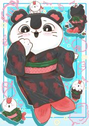  :3 absurdres animal_print back_bow black_kimono blue_background blush_stickers border bow chibi chibi_only chiikawa commentary_request cotton_candy fins fish_print fish_tail food green_kimono hand_fan highres ice_cream japanese_clothes kimono looking_at_viewer merfolk mermaid mermaid_(chiikawa) monster_girl multiple_views no_humans obi open_mouth outside_border paper_fan sash shaved_ice siren_(chiikawa) tail whiskers wkwkwagorilla 