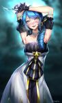 1girl absurdres armpits arms_up artist_name bangs black_background black_bow black_dress black_gloves blue_eyes blue_hair blurry blurry_background blush bow breasts collarbone cowboy_shot detached_sleeves dress drill_hair eyebrows_visible_through_hair fangs gloves green_background grey_dress gwen_(league_of_legends) hair_bow highres holding holding_scissors large_breasts league_of_legends long_hair looking_at_viewer repost_notice ribbon scissors shiny shiny_hair smile solo strapless strapless_dress teeth tongue tongue_out upper_teeth zyrophin