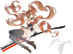  1girl absurdres angelina_(arknights) angelina_the_mellow_wish_(arknights) animal_ear_fluff animal_ears arknights black_boots black_collar black_gloves black_hairband black_thighhighs boots brown_hair chinese_commentary collar commentary_request detached_sleeves dress earpiece floating_hair fox_ears fox_girl full_body gloves hair_between_eyes hairband highres incredibly_absurdres long_hair long_sleeves looking_at_viewer multicolored_hairband pleated_dress rongceng simple_background solo staff_riding thigh-highs twintails two-tone_hairband very_long_hair white_background white_dress 