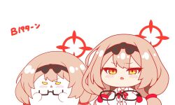  1girl black-framed_eyewear black_hairband blue_archive blush breasts brown_hair center_frills chibi chinatsu_(blue_archive) collared_shirt dress_shirt frills glasses hairband halo holding holding_removed_eyewear kurukurumagical large_breasts long_hair low_twintails neck_ribbon open_mouth red_ribbon ribbon semi-rimless_eyewear shirt simple_background translation_request twintails under-rim_eyewear unworn_eyewear upper_body v-shaped_eyes very_long_hair white_background white_shirt yellow_eyes 