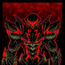  1girl arm_cannon armor black_background chozo cowboy_shot doctorspectre facing_viewer gradient_background highres metroid metroid_dread metroid_suit pauldrons power_armor power_suit power_suit_(metroid) red_assault_visor red_background samus_aran science_fiction shoulder_armor solo spiked_armor spikes spoilers star_(sky) starry_sky_background weapon 