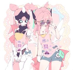  2girls adjusting_eyewear aria_(human)_(cuteness_loading)_(zenless_zone_zero) aria_(human)_(zenless_zone_zero) aria_(robot)_(zenless_zone_zero) aria_(zenless_zone_zero) bare_shoulders black_sclera blue_eyes blue_shorts bracelet character_print colored_sclera commentary crossed_bangs dual_persona english_commentary green_eyes hair_between_eyes heart heart_necklace highres humanoid_robot jewelry multiple_girls nangong_yu necklace official_alternate_costume orange-framed_eyewear pink_tank_top robot robot_girl shorts star-shaped_pupils star_(symbol) sunglasses sunna_(zenless_zone_zero) symbol-shaped_pupils tank_top whatsanaenae white_wings wings zenless_zone_zero 