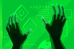  1girl close-up colored_skin commentary diamond_(shape) earth_(planet) english_commentary fingerless_gloves gem_(steven_universe) gloves green_skin hand_focus highres holographic_touchscreen original peridot_(thefaeriemerchant) planet science_fiction solo steven_universe thefaeriemerchant 