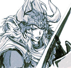  1boy armor cloak commentary_request dissidia_final_fantasy fake_horns fighting_stance final_fantasy final_fantasy_i furrowed_brow helmet highres holding holding_shield holding_sword holding_weapon horned_helmet horns male_focus medium_hair open_mouth parted_bangs plume shield shoulder_armor sketch solo soo_(sr00a2ht) sword upper_body warrior_of_light_(ff1) weapon white_background 
