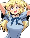  1girl adjusting_hair aono3 arms_behind_head arms_up blonde_hair blue_shirt blush breasts character_request copyright_request eyebrows_visible_through_hair highres large_breasts looking_at_viewer open_mouth shirt short_sleeves smile solo taut_clothes taut_shirt teeth upper_teeth violet_eyes 