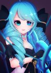  110crn 1girl ahoge bangs bare_shoulders black_bow black_dress black_gloves black_sleeves bow collarbone detached_sleeves dress drill_hair gloves gradient gradient_background green_eyes gwen_(league_of_legends) hair_bow highres holding holding_scissors league_of_legends long_hair looking_at_viewer needle oversized_object scissors shiny shiny_hair smile solo star-shaped_pupils star_(symbol) strapless strapless_dress symbol-shaped_pupils twin_drills twintails white_dress 