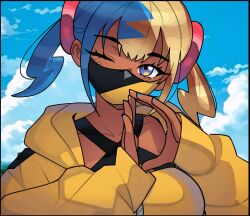  1girl absurdres aqua_hair bandeau black_mask blonde_hair blue_eyes breasts canari_(pokemon) commentary criss-cross_straps dark-skinned_female dark_skin heart heart_hands highres jacket mask mouth_mask multicolored_hair one_eye_closed pokemon pokemon_legends:_z-a solo split-color_clothes split-color_hair twintails two-tone_mask upper_body yellow_bandeau yellow_jacket yellow_mask zipper_pull_tab zoeyisms 