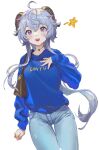  1girl absurdres ahoge aowuawei bag blue_hair blue_shirt blush casual character_name cowboy_shot ganyu_(genshin_impact) genshin_impact hand_on_own_chest highres horns jewelry long_sleeves necklace open_mouth shirt simple_background smile violet_eyes white_background 