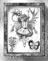  1other androgynous arms_up bare_arms bare_legs bare_shoulders barefoot border bud bug butterfly child chinese_commentary commentary_request daisy_(flower) dress energy_wings enriolhc floral_border flower full_body grey_border hair_between_eyes highres japanese_clothes knees len'en long_hair_between_eyes looking_at_viewer medium_dress open_mouth other_focus picture_frame pinned pointy_nose restrained shion_(len'en) short_hair sleeveless sleeveless_dress solo surprised toes triangular_headpiece zoological_specimen 