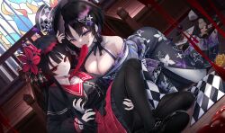  2girls absurdres bare_shoulders biting biting_clothes black_hair black_hat black_kimono black_shirt blood butterfly_hair_ornament carrion1129 collared_shirt commentary_request courtroom crown dress flower golden_rose hair_flower hair_ornament hat highres housho_margo japanese_clothes kimono lolita_fashion long_hair long_sleeves looking_at_viewer mahou_shoujo_no_majo_saiban multicolored_hair multiple_girls neck_ribbon necktie nikaido_hiro pantyhose red_eyes red_flower red_necktie ribbon rose shirt short_hair smile stained_glass top_hat violet_eyes wa_lolita white_shirt yuri 