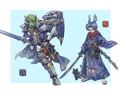  2boys akuto013 alien animal_ears armor armored_boots black_gloves black_sash blue_background blue_hair blue_kimono boots border breastplate clenched_teeth closed_mouth colored_skin commentary_request crossover cuirass curtained_hair dragon_ball dragon_ball_super elbow_gloves fighting_stance final_fantasy final_fantasy_xiv fingerless_gloves full_body gloves green_skin highres holding holding_shield holding_sword holding_weapon japanese_clothes job_icon_(final_fantasy) kimono laurel_crown long_sleeves male_focus multiple_boys paladin_(final_fantasy) pauldrons piccolo pointy_ears rabbit_boy rabbit_ears red_scarf samurai_(final_fantasy) sandals sash scarf shield short_hair shoulder_armor smile standing sword teeth trunks_(dragon_ball) trunks_(future)_(dragon_ball) viera waist_sash weapon white_armor white_border wide_sleeves zouri 