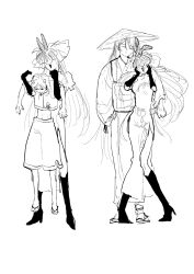  1boy 1girl age_comparison chinese_clothes commentary_request conical_hat dress flower full_body genderswap genderswap_(ftm) greyscale hair_flower hair_ornament high_heels highres long_hair mochitose_aguri monochrome nippaku_zanmu qipao small_horns touhou very_long_hair vine_print yomotsu_hisami 