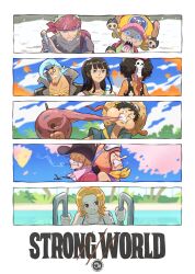  2girls 6+boys afro antlers bikini black_hair blonde_hair blue_hair blue_sky boned_meat brook_(one_piece) cherry_blossoms cigarette clouds cloudy_sky commentary copyright_name eating english_commentary food franky_(one_piece) glasses goggles goggles_on_headwear green_hair hat headband highres horns jewelry long_nose meat monkey_d._luffy multiple_boys multiple_girls nami_(one_piece) necklace nico_robin official_alternate_costume official_alternate_hairstyle one_piece one_piece:_strong_world orange_hair parted_bangs pool pool_ladder poolside red_headband reindeer_antlers reindeer_boy roronoa_zoro sanji_(one_piece) sergiromero short_hair shoulder_tattoo skeleton sky snow straw_hat straw_hat_pirates swimsuit tattoo tony_tony_chopper upper_body usopp 