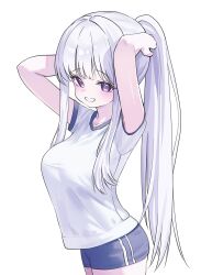  1girl ayatsuno_yuni bare_arms blue_shorts breasts commentary_request cowboy_shot from_side grin gym_shirt gym_shorts gym_uniform highres kkilnyan korean_commentary long_hair looking_at_viewer looking_to_the_side ponytail second-party_source shirt short_shorts shorts simple_background smile solo standing stellive straight_hair very_long_hair violet_eyes virtual_youtuber white_background white_hair white_shirt 