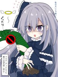  1girl 1other akatsu_botan blue_bow blue_dress bow called_by_the_grave claws commentary_request cradling disembodied_hand double-parted_bangs dress duel_monster flying_sweatdrops frilled_bow frilled_dress frills ghost_belle_&amp;_haunted_mansion giving_up_the_ghost grey_hair hair_between_eyes hair_bow highres layered_dress layered_sleeves long_hair long_sleeves nervous_smile no_symbol open_mouth partially_shaded_face short_over_long_sleeves short_sleeves sleeves_past_wrists smile sweatdrop translation_request turn_pale upper_body violet_eyes yu-gi-oh! yu-gi-oh!_master_duel 