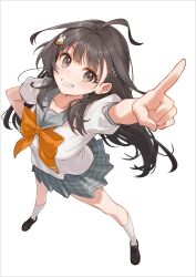  1girl absurdres arm_up artist_request bow bowtie brown_eyes brown_hair brown_shoes character_request commentary_request copyright_request from_above full_body grey_sailor_collar grin hair_ornament hand_on_own_hip highres index_finger_raised loafers long_hair looking_at_viewer orange_bow orange_bowtie orange_skirt pleated_skirt rabbit_hair_ornament sailor_collar school_uniform second-party_source serafuku shirt shoes simple_background skirt smile socks solo standing white_background white_shirt white_socks 