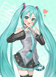  1girl :d bare_shoulders black_skirt black_sleeves black_thighhighs blue_hair blue_necktie blush chuutohanpa collared_shirt commentary_request cowboy_shot detached_sleeves double-parted_bangs four-finger_heart_hands green_background green_eyes grey_shirt grid_background hair_between_eyes hatsune_miku heart heart_hands highres long_hair long_sleeves looking_at_viewer miniskirt musical_staff necktie open_mouth pleated_skirt shirt skirt sleeveless sleeveless_shirt smile solo teeth thigh-highs tie_clip treble_clef twintails upper_teeth_only very_long_hair vocaloid zettai_ryouiki 