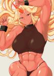  1girl abs absurdres alternate_costume alternate_skin_color arm_up armpits bangs black_panties black_sports_bra blonde_hair breasts commentary_request cowboy_shot cuffs eyebrows_visible_through_hair fugaku_(miko_no_miyatsuguchi) grey_background highres horns hoshiguma_yuugi large_breasts long_hair looking_at_viewer muscular muscular_female open_mouth panties pointy_ears red_eyes simple_background single_horn solo sports_bra tan touhou underwear 