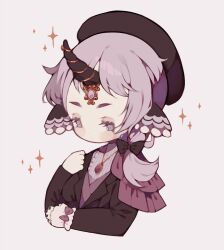  1girl animal_ears beret black_bow black_hat black_jacket black_nails blazer blush_stickers bow breasts closed_mouth frilled_shirt_collar frilled_wrist_cuffs frills hair_bow hand_on_own_elbow hat highres horn_ornament horns jacket jewelry littlebluemuffin long_sleeves low_ponytail low_side_ponytail medium_hair necklace original pendant ponytail purple_hair purple_shirt purple_vest shirt short_eyebrows side_ponytail single_horn single_wrist_cuff small_breasts sparkle upper_body vest violet_eyes wavy_hair wrist_cuffs 