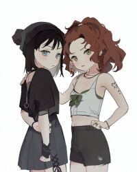  2girls arm_tattoo beanie black_choker black_gloves black_hair black_shirt black_shorts blue_eyes blush bow bracelet choker crop_top earrings fingerless_gloves fishnet_top fishnets genderswap genderswap_(mtf) gloves green_bow green_eyes hat jewelry kyle_broflovski light_frown looking_at_viewer midriff mismatched_earrings multiple_girls navel necklace o-ring o-ring_choker red_hair ring shirt shirt_bow short_hair shorts single_fingerless_glove south_park stan_marsh tattoo wani4ni white_shirt 