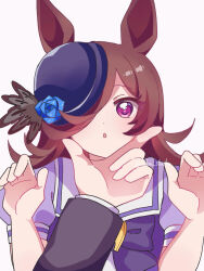 1girl 1other animal_ears black_jacket blue_flower blue_hat blue_rose blush bow bowtie brown_hair flipped_hair flower hair_over_one_eye hand_on_another's_chin hat hat_flower highres horse_ears horse_girl jacket long_hair long_sleeves looking_at_viewer loska parted_lips puffy_short_sleeves puffy_sleeves purple_bow purple_bowtie purple_shirt rice_shower_(umamusume) rose sailor_collar sailor_shirt school_uniform shirt short_sleeves solo_focus tilted_headwear tracen_school_uniform trainer_(umamusume) umamusume violet_eyes white_sailor_collar white_shirt 