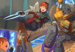  1boy 1other alien arbiter armor black_boots black_eyes black_pants black_shirt boots closed_eyes coat dated east-west_crossover energy_gun halo_(series) halo_2 highres holding holding_energy_gun holding_sword holding_weapon indoors kanokoga looking_at_another mask open_mouth orange_armor orange_eyes orange_hair pants plasma_pistol plasma_sword red_coat respirator running sash scene_reference science_fiction shirt short_hair signature sousou_no_frieren standing stark_(sousou_no_frieren) sword type-1_energy_sword unggoy weapon white_sash 