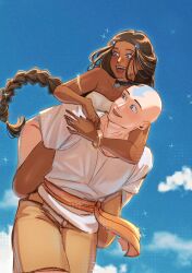  1boy 1girl aang absurdres aged_up arm_tattoo armlet arms_around_neck arrow_(symbol) arrow_tattoo avatar_legends bald bare_legs beads blue_eyes blue_sky blue_tattoo bracelet braid braided_ponytail breasts brown_hair carrying carrying_person clouds collarbone commentary couple cowboy_shot dark-skinned_female dark_skin english_commentary eyelashes forehead_tattoo gold_armlet gold_bracelet hair_beads hair_flaps hair_ornament hair_rings happy head_tattoo highres jewelry katara leaning_forward long_hair looking_at_another looking_to_the_side low-tied_long_hair open_mouth orange_pants orange_sash outdoors pants pendant pendant_choker piggyback salumisabelle shirt short_sleeves sky small_breasts sparkle sparkling_aura strapless strapless_shirt tattoo teeth tongue upper_teeth_only very_long_hair white_shirt 