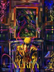  1boy animification artist_name character_name coat collared_shirt colored_skin commentary english_commentary english_text grin hands_in_pockets instagram_logo long_sleeves looking_at_viewer male_focus n4pstab1ook necktie one_eye_closed portrait_(object) procreate_(medium) red_necktie shirt smile solo thatmob twitter_x_logo verity_(series) verity_(thatmob) white_shirt wing_collar yellow_coat yellow_skin 