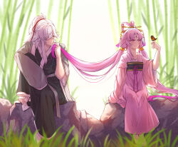  1boy 1girl absurdres bamboo bamboo_forest bug butterfly butterfly_on_hand candy_rimo chinese_clothes closed_mouth commentary feet_out_of_frame feixianji_(hairstyle) forehead_jewel forest fu_xuan_(honkai:_star_rail) fu_xuan_(in_leisure)_(honkai:_star_rail) grass hair_ornament hair_over_one_eye hair_ribbon hair_rings hand_up hanfu hetero highres holding_another's_hair honkai:_star_rail honkai_(series) jing_yuan jing_yuan_(in_leisure) long_hair long_sleeves looking_at_animal looking_at_another low_twintails monarch_butterfly nature official_alternate_costume on_rock outdoors pink_eyes pink_hair pink_hanfu red_ribbon ribbon sitting twintails very_long_hair white_hair wide_sleeves yellow_eyes 