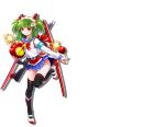  1girl beatmania beatmania_iidx black_legwear blush bomb bombergirl bombergirl573 closed_mouth eyebrows_visible_through_hair green_hair hishimiya_tsugaru holding holding_bomb long_sleeves looking_at_viewer medium_hair official_art over-kneehighs red_eyes short_twintails smile solo thigh-highs timer twintails white_footwear 