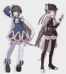  2girls absurdres black_hair black_thighhighs blue_gem cape commentary_request detached_sleeves detec_bell detective fur_cape gem highres hime_cut holding holding_magnifying_glass lapis_lazuline magical_girl magnifying_glass mahou_shoujo_ikusei_keikaku mahou_shoujo_ikusei_keikaku_restart multiple_girls one_eye_closed open_mouth pink_hair rfo_2011 short_hair skirt smile thigh-highs thinking white_thighhighs 