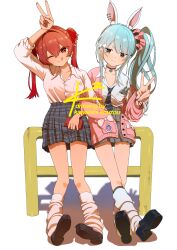  2girls absurdres against_railing animal_ear_piercing animal_ears arm_up artist_name black_necktie black_shoes blue_hair breast_pocket cardigan cellphone choker closed_mouth collared_shirt commentary_request dress_shirt extra_ears full_body grey_skirt gyaru hair_ribbon hand_in_pocket hand_up highres holding holding_phone hololive houshou_marine kawahira_kouzou leaning locked_arms long_hair long_sleeves looking_at_viewer loose_socks miniskirt multiple_girls nail_polish necktie one_eye_closed open_cardigan open_clothes orange_eyes phone phone_in_pocket pink_cardigan pink_nails plaid_clothes plaid_skirt pocket rabbit-shaped_pupils rabbit_ears rabbit_girl railing red_eyes red_hair red_ribbon ribbon school_uniform shirt shoes short_eyebrows side_ponytail simple_background skirt smartphone smile socks symbol-shaped_pupils thick_eyebrows tongue tongue_out twintails usada_pekora v virtual_youtuber watermark white_background white_nails white_shirt white_socks 