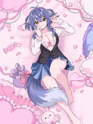  absurdres blue_skirt breasts fox_girl fox_tail full_body highres legs nosukari_saito original pink_background shzuly skirt tail 