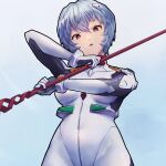  1girl ayanami_rei bangs blue_hair bmo_art bodysuit breasts commentary from_below hair_between_eyes holding holding_weapon interface_headset lance lance_of_longinus looking_at_viewer looking_down medium_breasts neon_genesis_evangelion parted_lips pilot_suit plugsuit polearm red_eyes short_hair solo standing two-handed weapon white_bodysuit 