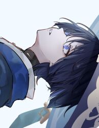  1boy black_bodysuit black_hair blue_hat blue_jingasa blunt_ends bodysuit bright_pupils eyelashes eyeliner from_side genshin_impact gold hat highres japanese_clothes jingasa kima_gure_k kimono looking_up makeup male_focus mandarin_collar parted_lips profile red_eyeliner scaramouche_(genshin_impact) side_cape sideways solo violet_eyes wanderer_(genshin_impact) white_background white_kimono white_mouth white_pupils wispy_bangs wolf_cut 