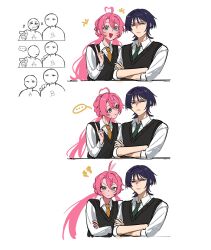  ... 1boy 1girl :< ahoge ahoge_wag alternate_costume aqua_eyes black_eyes black_sweater_vest blunt_ends blush bright_pupils brown_necktie closed_mouth collared_shirt contemporary couple crossed_arms curtained_hair expressive_hair genshin_impact green_necktie hair_between_eyes hair_intakes hand_on_own_arm hand_up happy heart heart_ahoge heart_in_eye hetero highres imitating index_finger_raised long_hair long_sleeves looking_at_another looking_at_viewer low_twintails meme multicolored_hair multiple_expressions necktie nervous nozumi_yuuna_(yoontrsh) oc_x_canon open_mouth original parted_lips pink_hair reference_inset scaramouche_(genshin_impact) school_uniform sequential serious shirt side-by-side spoken_ellipsis streaked_hair sweatdrop sweater_vest symbol_in_eye tareme three-quarter_sleeves triangle_mouth tsurime twintails unamused unamused_friend_comic_(meme) undershirt wanderer_(genshin_impact) white_background white_pupils white_shirt white_sleeves wing_collar wispy_bangs wolf_cut yoontrsh 