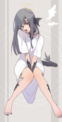  1girl aomushi_komushi asymmetrical_bangs au_ra black_horns black_scales black_tail commentary_request dragon_girl dragon_horns dragon_tail final_fantasy final_fantasy_xiv grey_hair halo highres horns knees_together_feet_apart looking_at_viewer nail_polish open_mouth original oversized_clothes oversized_shirt scales shirt sidelocks solo tail toenail_polish toenails warrior_of_light_(ff14) white_shirt yellow_eyes 